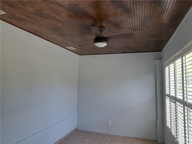 tiled spare room with ceiling fan and wooden ceiling