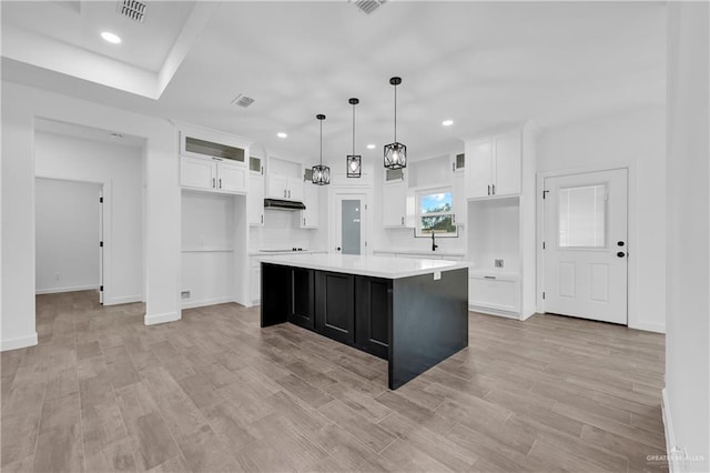 kitchen with a center island, light hardwood / wood-style floors, and white cabinetry