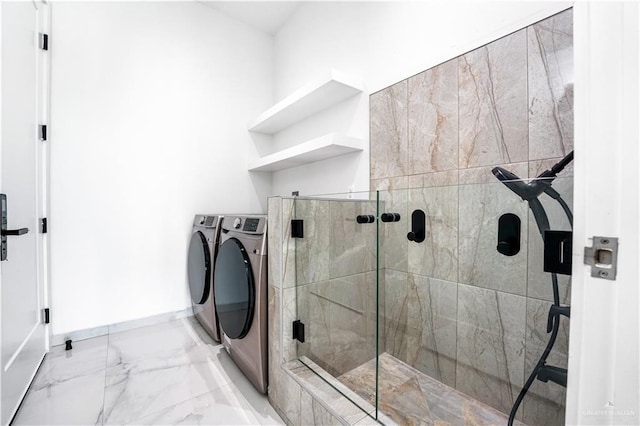 4713 S Brazos Rd S, Edinburg, TX 78542 - bathroom with separate washer and dryer, marble finish floors, and a shower stall