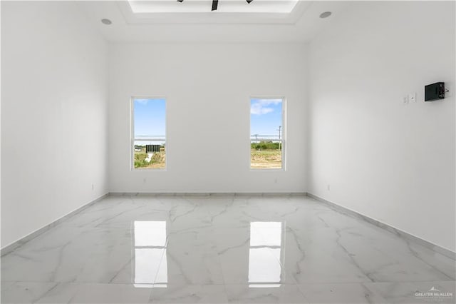 unfurnished room featuring a healthy amount of sunlight and a tray ceiling