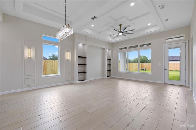 9110 N 25th St, Mcallen, TX 78504 - unfurnished living room with a ceiling fan, plenty of natural light, coffered ceiling, light wood-style flooring, and baseboards
