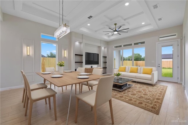 9110 N 25th St, Mcallen, TX 78504 - dining area with ceiling fan, coffered ceiling, baseboards, recessed lighting, and beamed ceiling