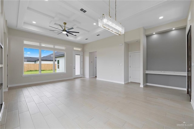 9110 N 25th St, Mcallen, TX 78504 - unfurnished living room with a ceiling fan, coffered ceiling, recessed lighting, baseboards, and beam ceiling