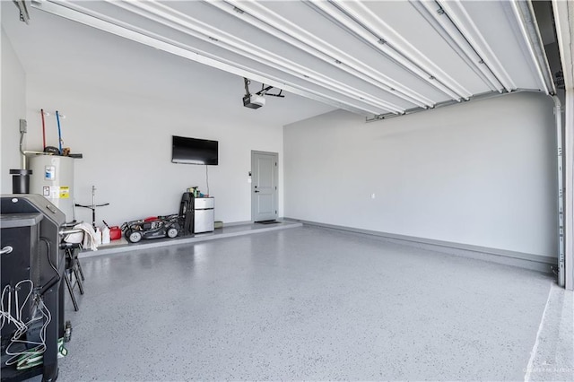 garage with a garage door opener and water heater