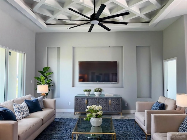 532 Demi St, Edinburg, TX 78542 - living room with coffered ceiling, marble finish flooring, baseboards, beamed ceiling, and a ceiling fan