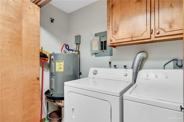 laundry area featuring cabinets, washing machine and dryer, water heater, and electric panel