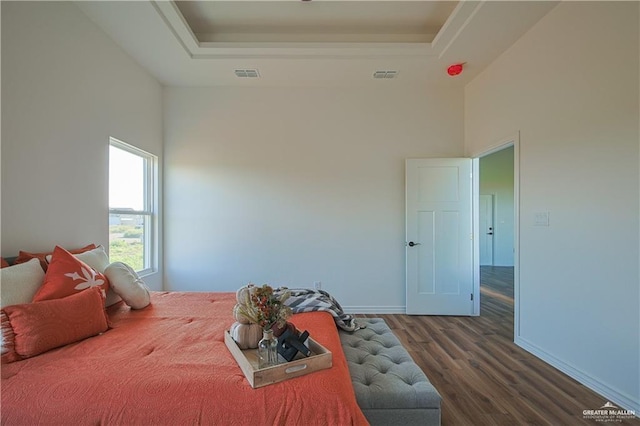 2413 N Woody St, Edinburg, TX 78541 - bedroom with a tray ceiling, wood finished floors, baseboards, and a high ceiling