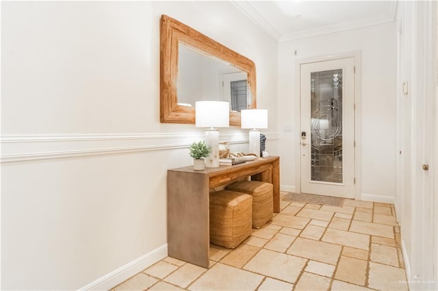 doorway to outside with crown molding