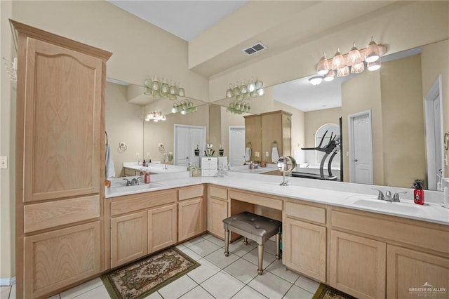 full bathroom featuring tile patterned floors, visible vents, a sink, and double vanity