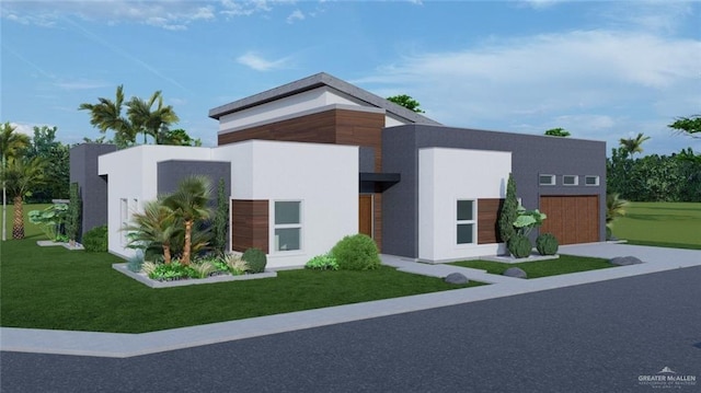 contemporary house with a front yard and a garage