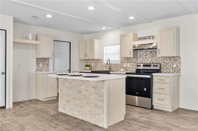 kitchen with stainless steel electric range, a center island, light wood-type flooring, tasteful backsplash, and extractor fan