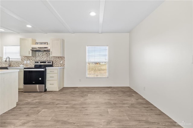 kitchen featuring sink, beamed ceiling, backsplash, electric stove, and light wood-type flooring