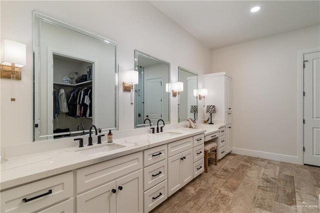 bathroom with vanity and wood-type flooring