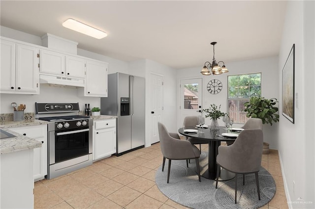 kitchen with stainless steel refrigerator with ice dispenser, white cabinetry, range with gas stovetop, and hanging light fixtures