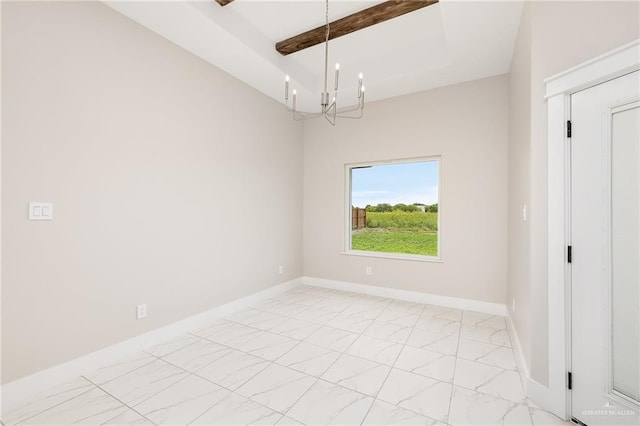1008 Broken Arrow Dr, Alamo, TX 78516 - empty room with a chandelier, light marble finish floors, and beamed ceiling