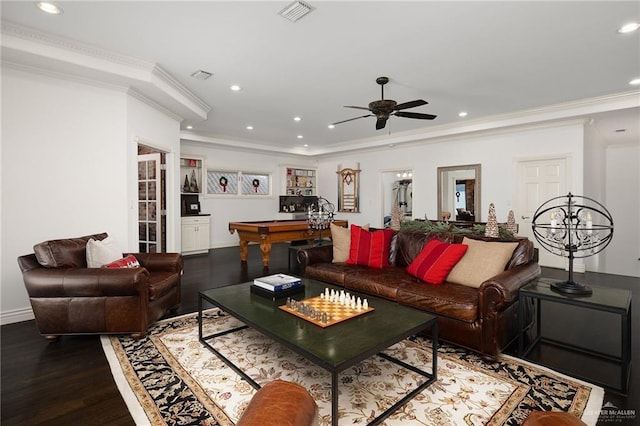 living room featuring hardwood / wood-style floors, billiards, ceiling fan with notable chandelier, and ornamental molding