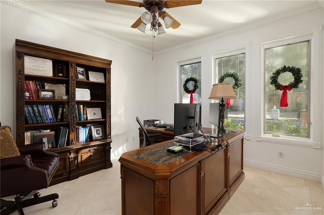 office space with ceiling fan, light tile patterned flooring, and ornamental molding