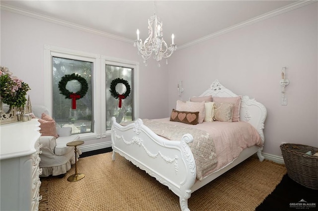 bedroom with ornamental molding and a chandelier