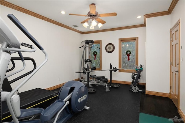 workout room with ceiling fan and crown molding