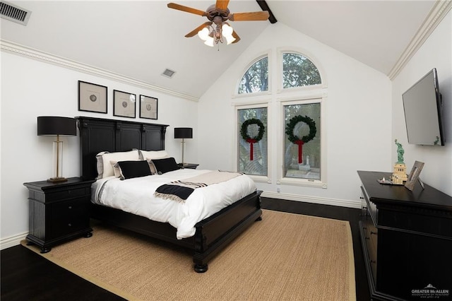 bedroom featuring ceiling fan, beam ceiling, light wood-type flooring, and high vaulted ceiling