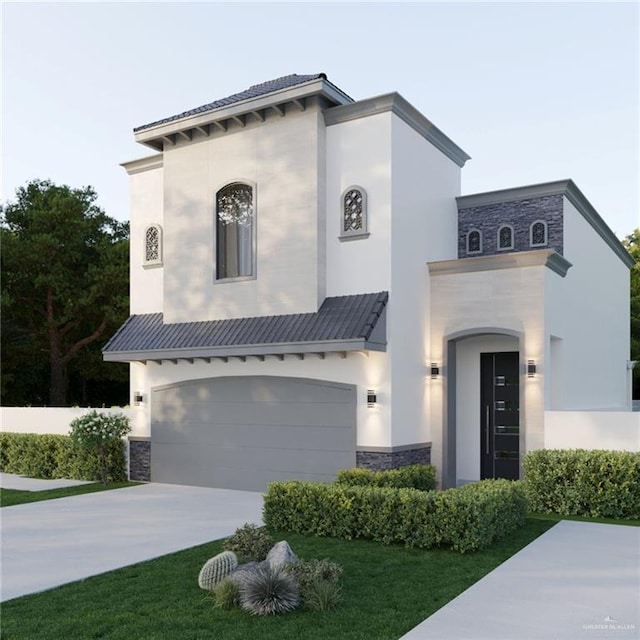 2211 Dorado Dr, Mission, TX 78573 - view of front facade with stone siding, a garage, stucco siding, and concrete driveway