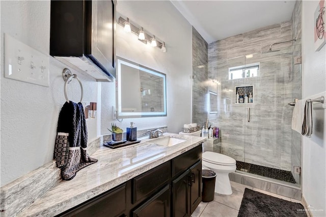3501 N 39th St, Mcallen, TX 78501 - bathroom with vanity, toilet, a shower stall, and tile patterned floors