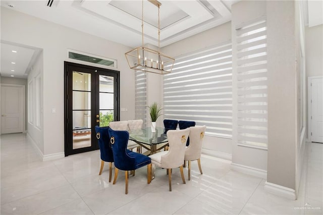 3505 Vendome Dr, Mcallen, TX 78504 - dining room with a chandelier, light tile patterned flooring, baseboards, and french doors
