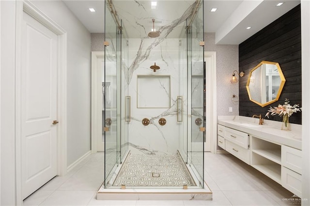 3505 Vendome Dr, Mcallen, TX 78504 - full bathroom featuring vanity, a marble finish shower, tile patterned floors, and recessed lighting