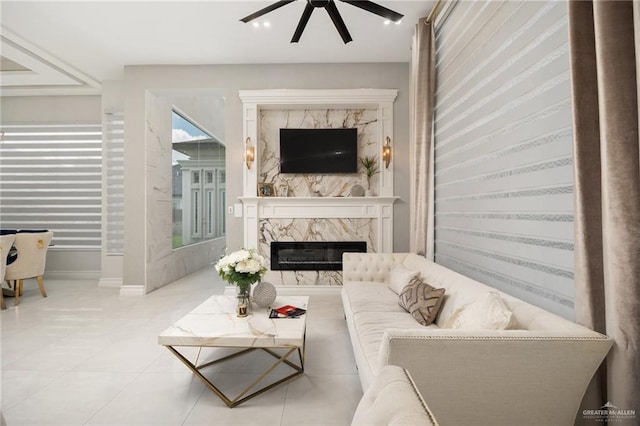 3505 Vendome Dr, Mcallen, TX 78504 - tiled living area with a ceiling fan, a fireplace, and baseboards