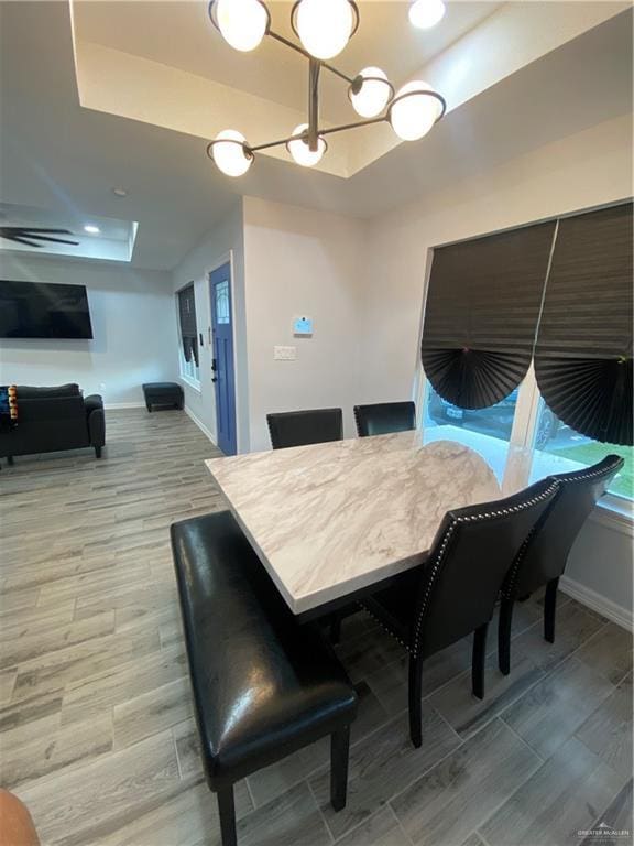 814 N Flag St N, Pharr, TX 78577 - dining room with a tray ceiling, light wood-type flooring, and a chandelier