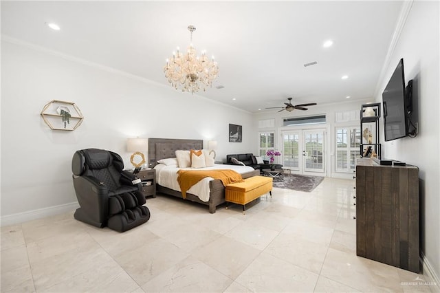 bedroom featuring access to exterior, french doors, ceiling fan with notable chandelier, crown molding, and an AC wall unit