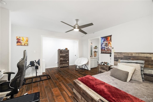 bedroom featuring ceiling fan and dark hardwood / wood-style flooring