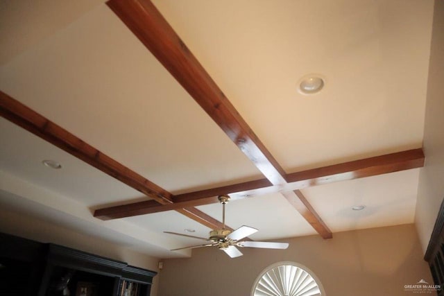 room details featuring ceiling fan and beamed ceiling