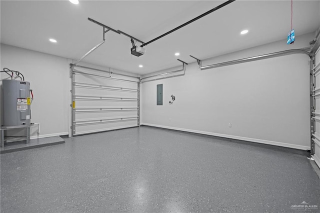 garage with a garage door opener, electric panel, water heater, and baseboards