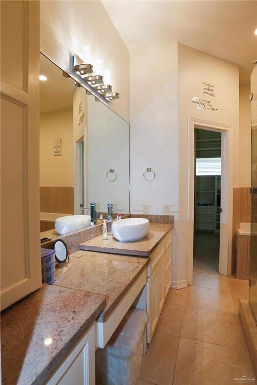 20985 Espinoza Rd, San Benito, TX 78586 - full bathroom featuring vanity, tile patterned flooring, a shower, and recessed lighting