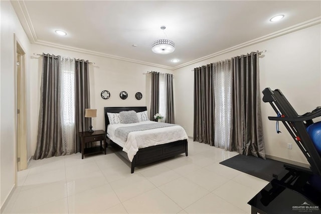 tiled bedroom featuring ornamental molding and recessed lighting