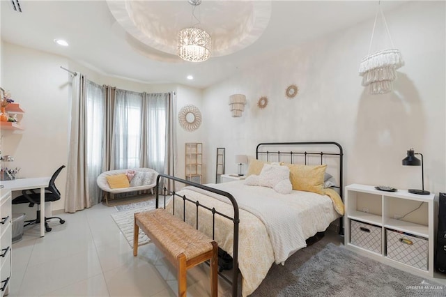 bedroom featuring recessed lighting, visible vents, tile patterned floors, and an inviting chandelier