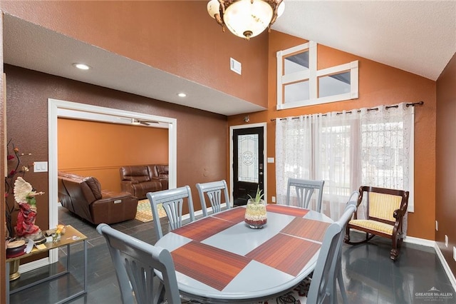 4201 N Palm Dr, Pharr, TX 78577 - dining area featuring baseboards, recessed lighting, visible vents, and high vaulted ceiling