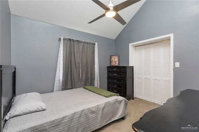 4201 N Palm Dr, Pharr, TX 78577 - carpeted bedroom featuring a closet, vaulted ceiling, and ceiling fan