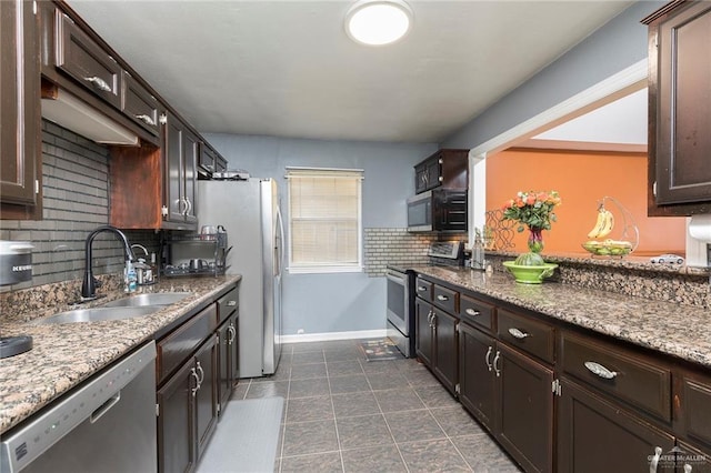 4201 N Palm Dr, Pharr, TX 78577 - kitchen featuring appliances with stainless steel finishes, decorative backsplash, dark brown cabinets, and a sink
