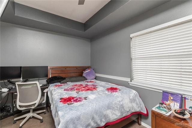 4201 N Palm Dr, Pharr, TX 78577 - carpeted bedroom with a tray ceiling, baseboards, and a ceiling fan
