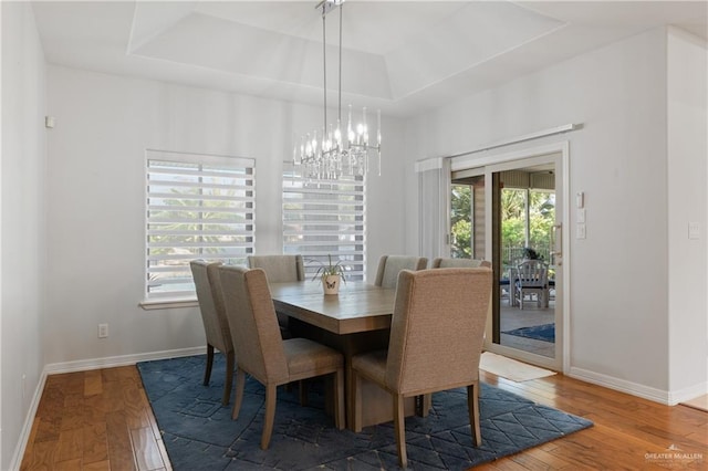 dining space featuring wood-type flooring and a tray ceiling