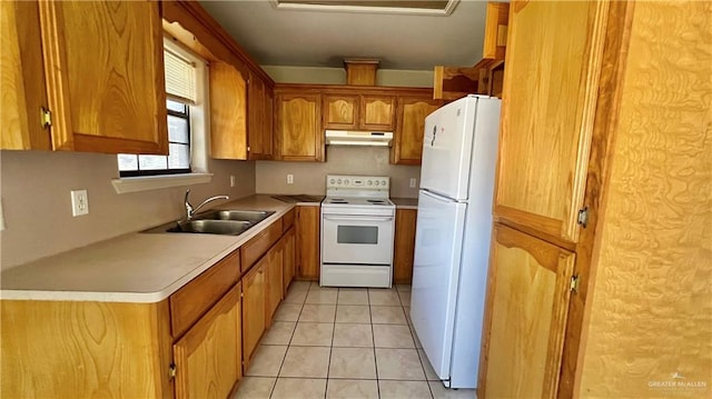 kitchen with sink, light tile patterned flooring, and white appliances