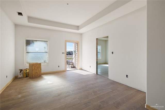 empty room featuring a tray ceiling and hardwood / wood-style floors