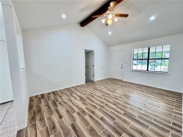 1313 Royal Palm St, Alamo, TX 78516 - unfurnished room with beamed ceiling, wood finished floors, a ceiling fan, recessed lighting, and high vaulted ceiling