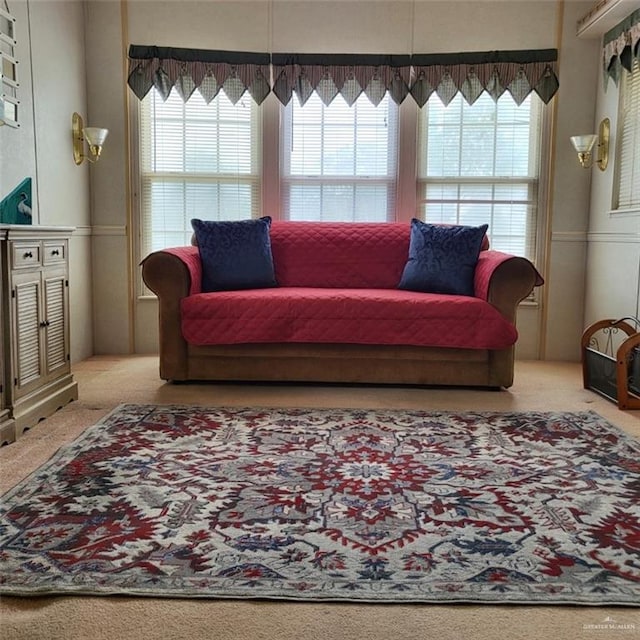 living room with light carpet and a wealth of natural light