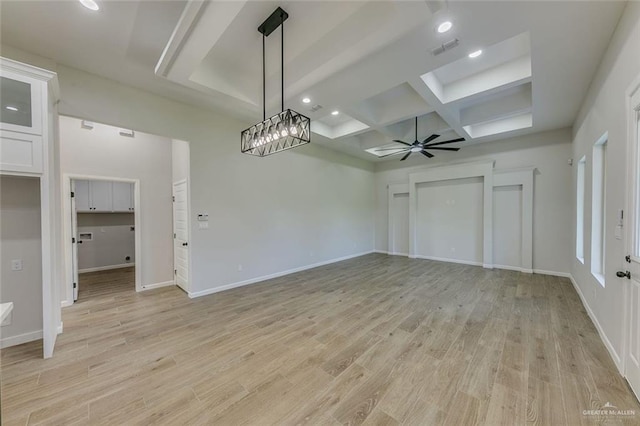 unfurnished living room featuring coffered ceiling, beam ceiling, light hardwood / wood-style floors, and ceiling fan