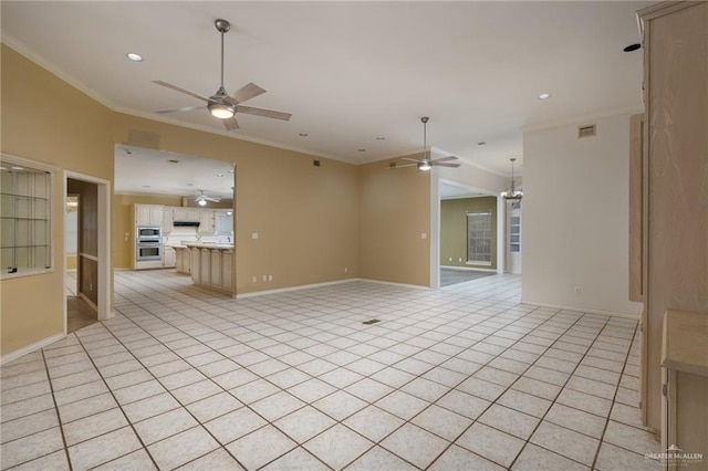 unfurnished living room with ceiling fan with notable chandelier, light tile patterned flooring, visible vents, and crown molding