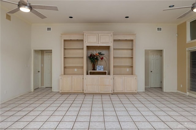 unfurnished living room with ceiling fan, baseboards, visible vents, and crown molding