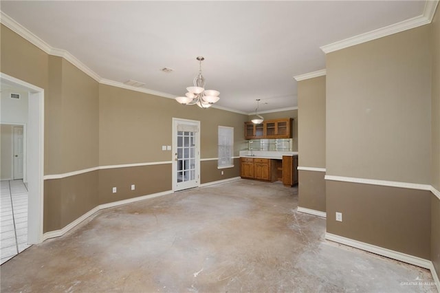 interior space with crown molding, visible vents, unfinished concrete flooring, and an inviting chandelier